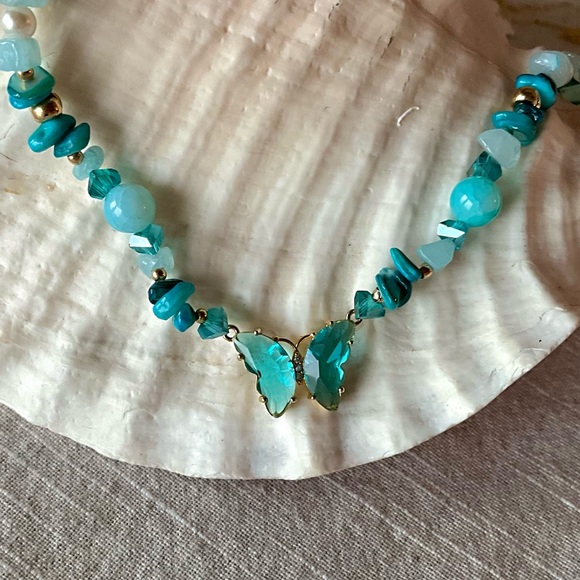 BLUE Heart and Butterfly Necklaces with natural stones - Picture 9 of 11